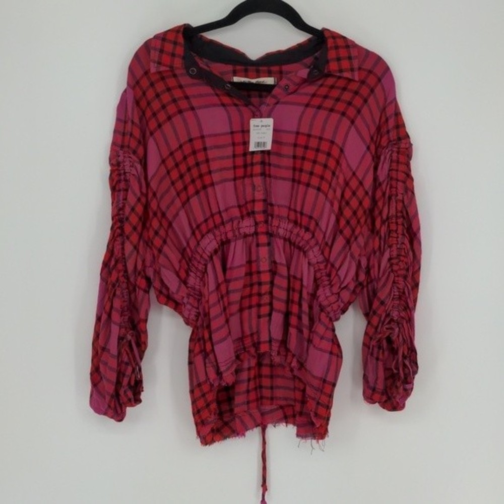 Free People Pacific Dawn Plaid Shirt Women’s M NWT Red Pink Ruched Wool Blend